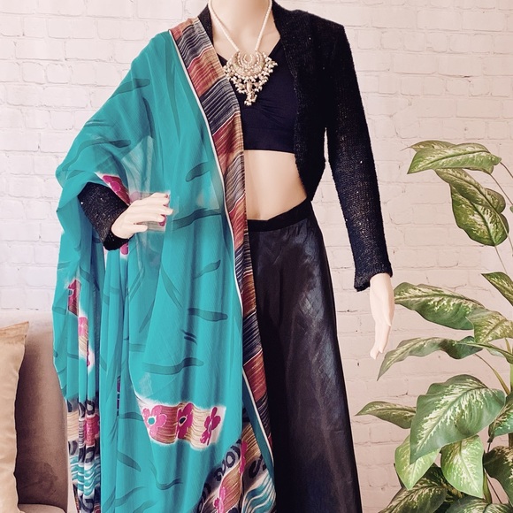 🌹3/$25 Pakistani/Indian Dupatta - Chiffon Full Length Stole - Teal / Pink - Picture 1 of 5